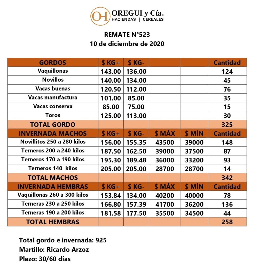 RESUMEN REMATE Nº 523 REALIZADO POR OREGUI Y CÍA