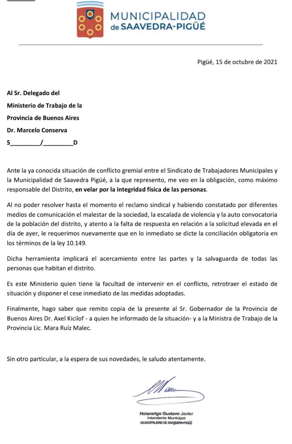 Notararigo insiste ante el ministerio de trabajo por conciliación obligatoria