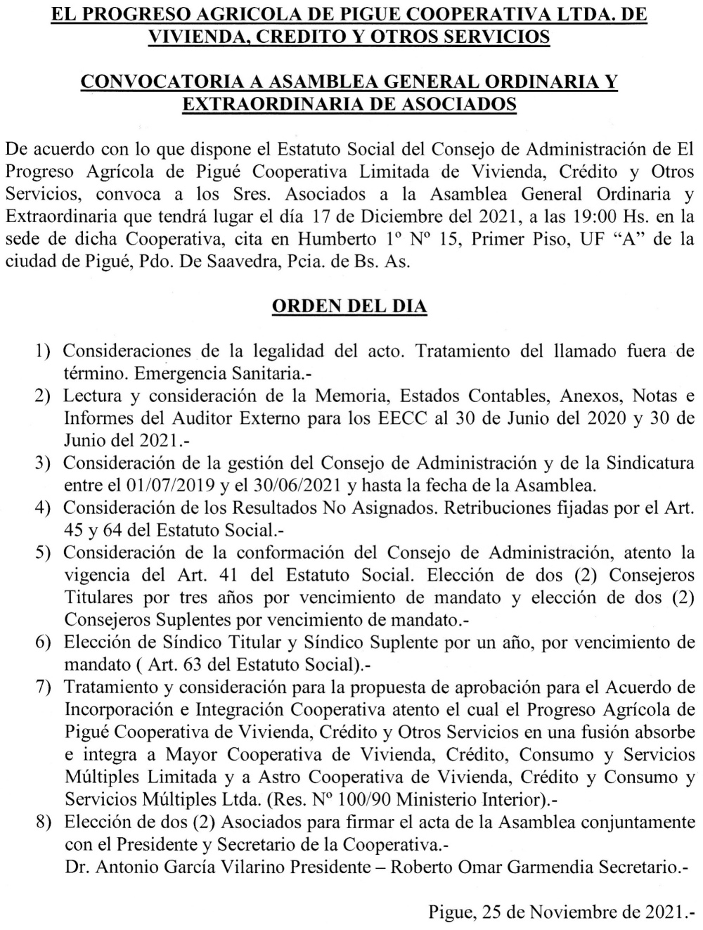 EL PROGRESO AGRICOLA DE PIGÜÉ, COOPERATIVA LTDA. DE VIVIENDA, CREDITO Y OTROS SERVICIOS