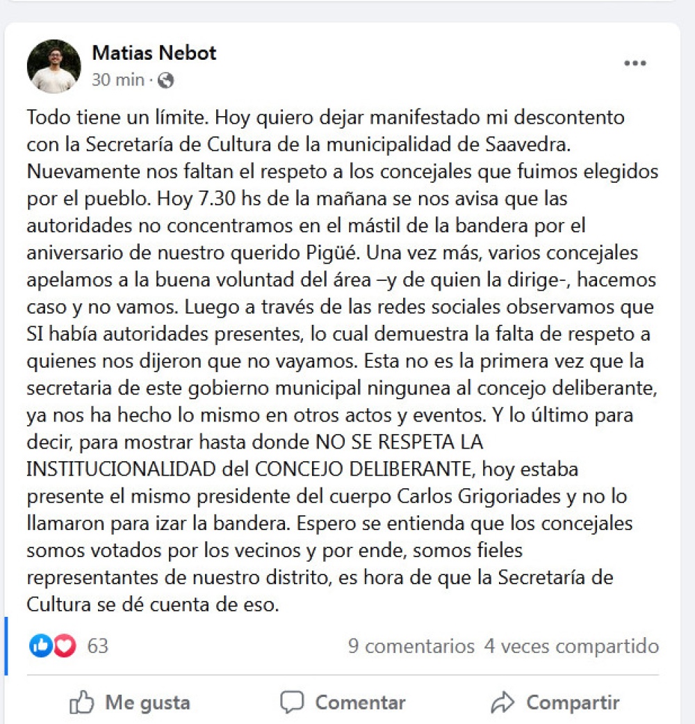 Nebot enojado con el secretario de cultura:”Ningunea al Concejo Deliberante”