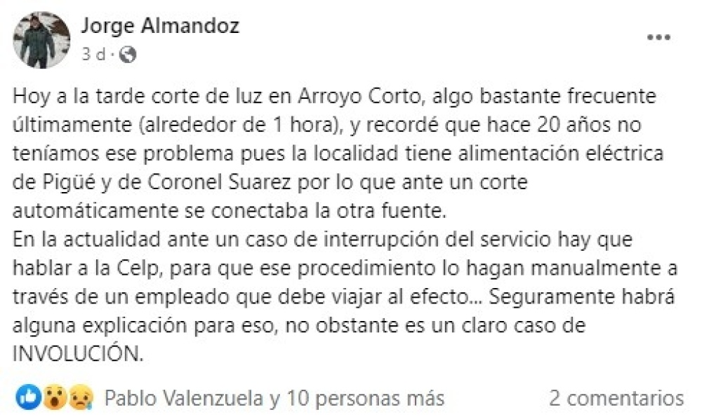 Vecinos de Arroyo Corto reclamaron por cortes de energía