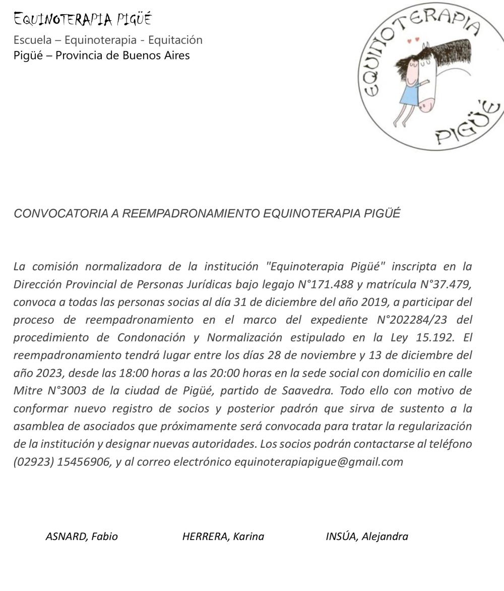 CONVOCATORIA A REEPADRONAMIENTO EQUINOTERAPIA PIGÜÉ