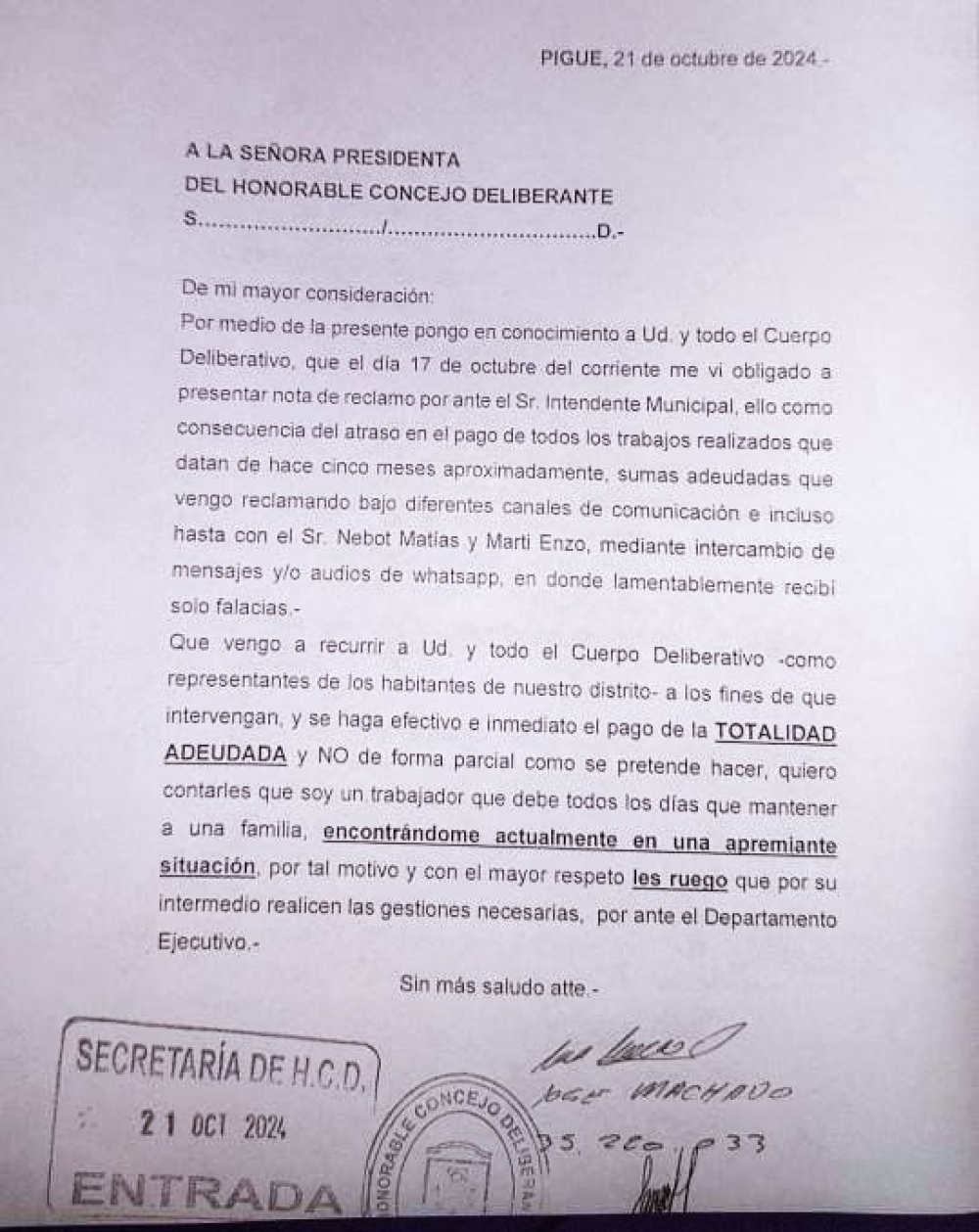 Proveedor reclama el pago de 5 órdenes al Municipio