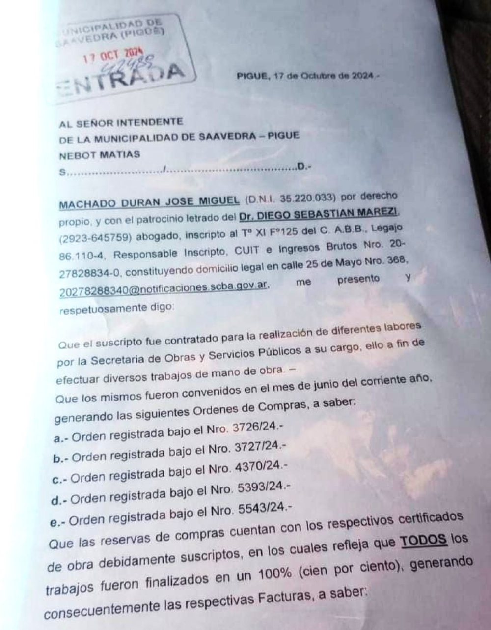 Proveedor reclama el pago de 5 órdenes al Municipio