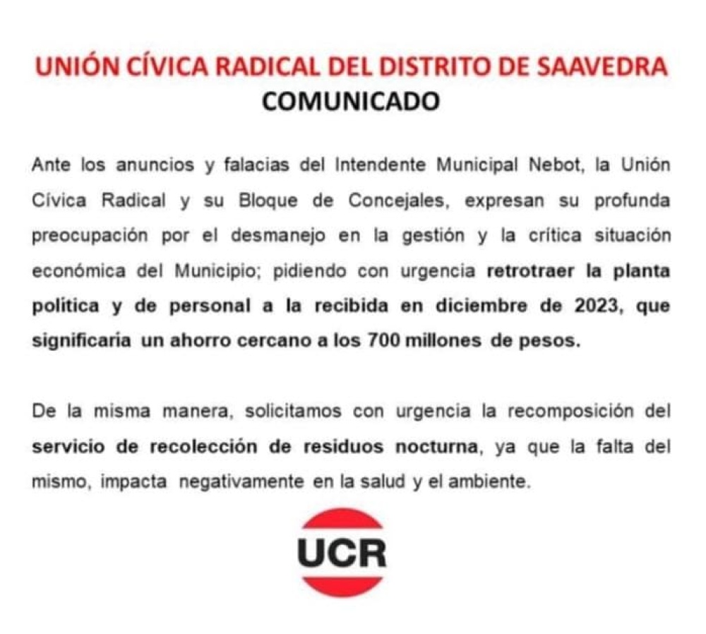 La UCR del Distrito Saavedra ante anuncios del Intendente Matías Nebot sobre optimización de recursos municipales