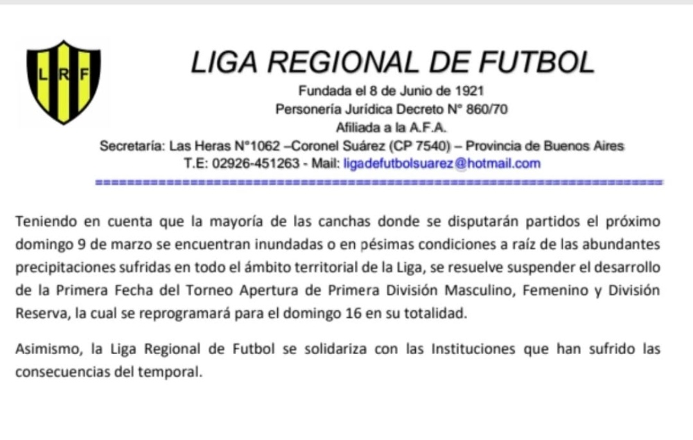 Se postergó el comienzo del campeonato de la Liga Regional de Coronel Suárez