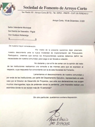 ARROYO CORTO LAMENTÓ "EL DESCONOCIMIENTO DEL EJECUTIVO HACIA SU COMUNIDAD"