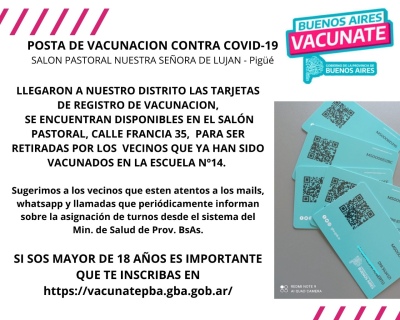 LLEGARON TARJETAS DE REGISTRO DE VACUNACIÓN