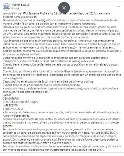 El STM pidió "diálogo con el intendente"