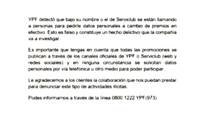 YPF ADVIRTIÓ SOBRE UN FALSO CONCURSO