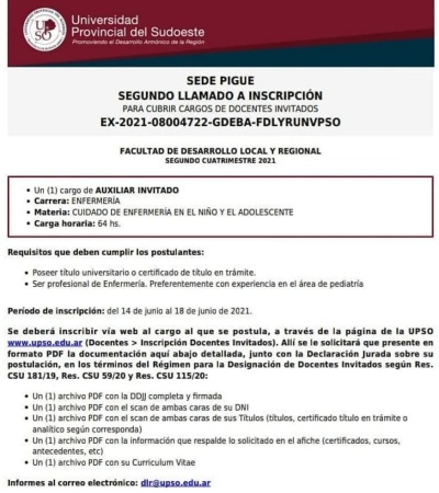 LLAMADO A COBERTURA DE CARGO EN LA UPSO PIGÜÉ