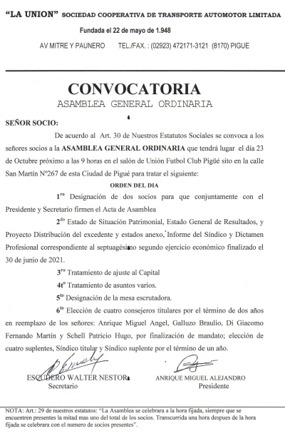 "LA UNIÓN" SOCIEDAD COOPERATIVA DE TRANSPORTE AUTOMOTOR