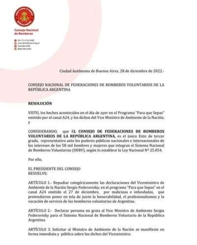 Sirenazo de los Bomberos Voluntarios en repudio al viceministro de Ambiente de Nación