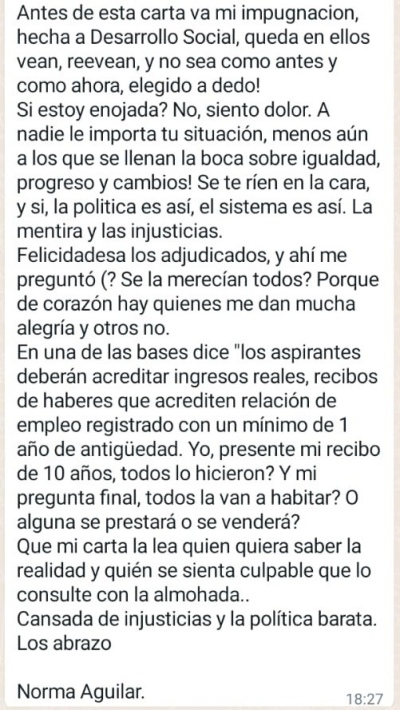 Espartillar: Vecina reclama por falencias en el listado de aspirantes a viviendas